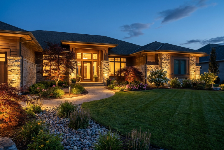 An upscale home lit by warm landscape lighting at dusk