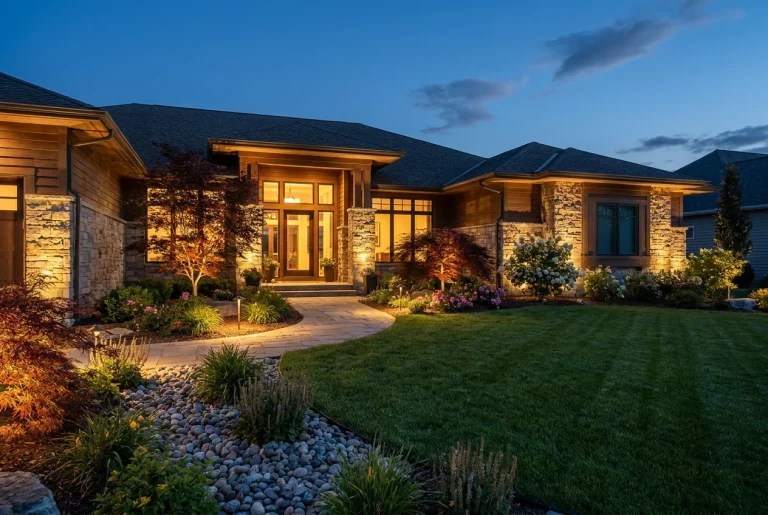 An upscale home lit by warm landscape lighting at dusk