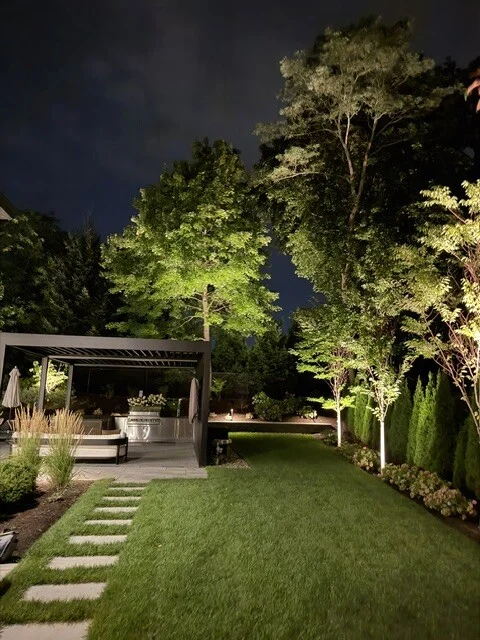 Landscape lighting across a backyard lawn and pergola in Newton, MA.
